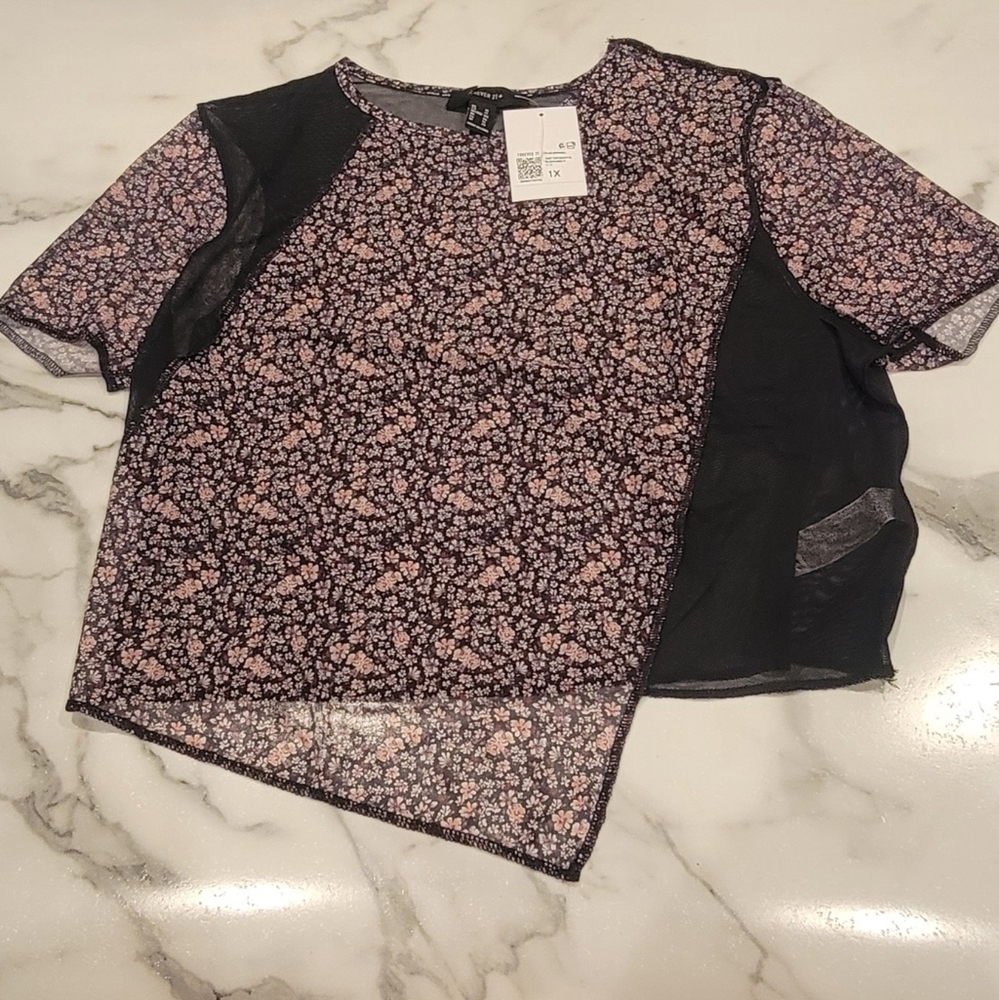 Forever 21 Black Mesh Short-Sleeve Crop Top with Pink Floral Print